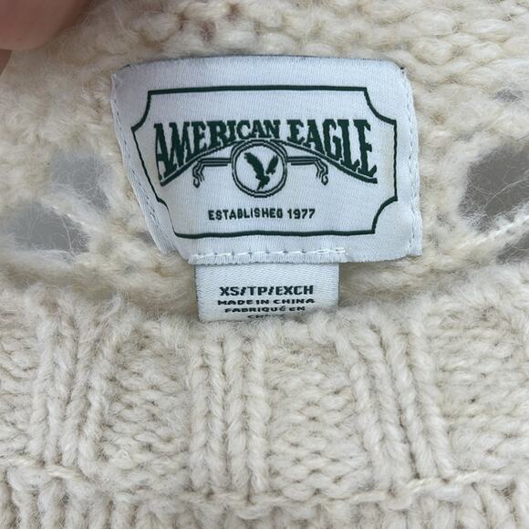 American Eagle Pom Pom Open Knit Sweater Cream XS Cozy Crew Coastal Preppy Boho - Picture 5 of 9